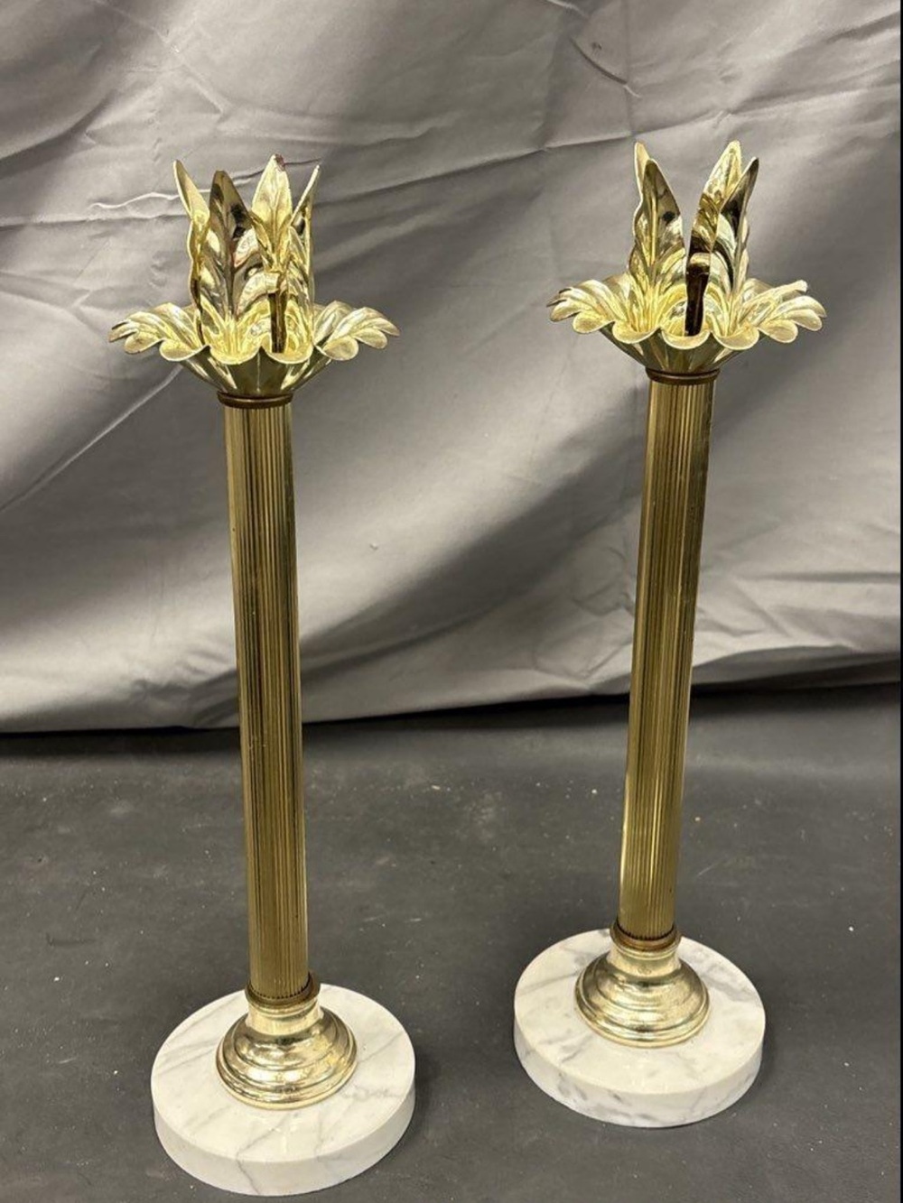 Gold Leaf Candlestick Pair with White Marble Bases